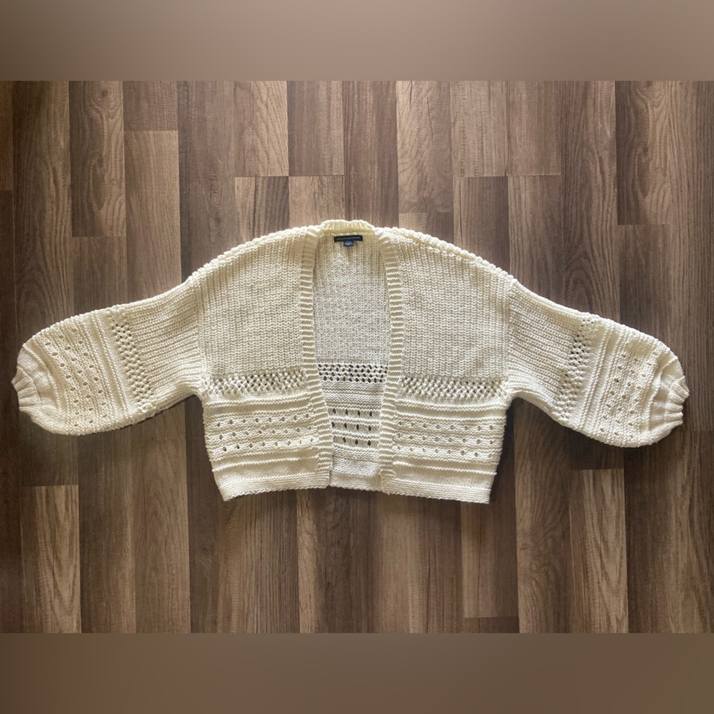 American Eagle White knitted Open Front Sweater With Balloon Sleeves Size S